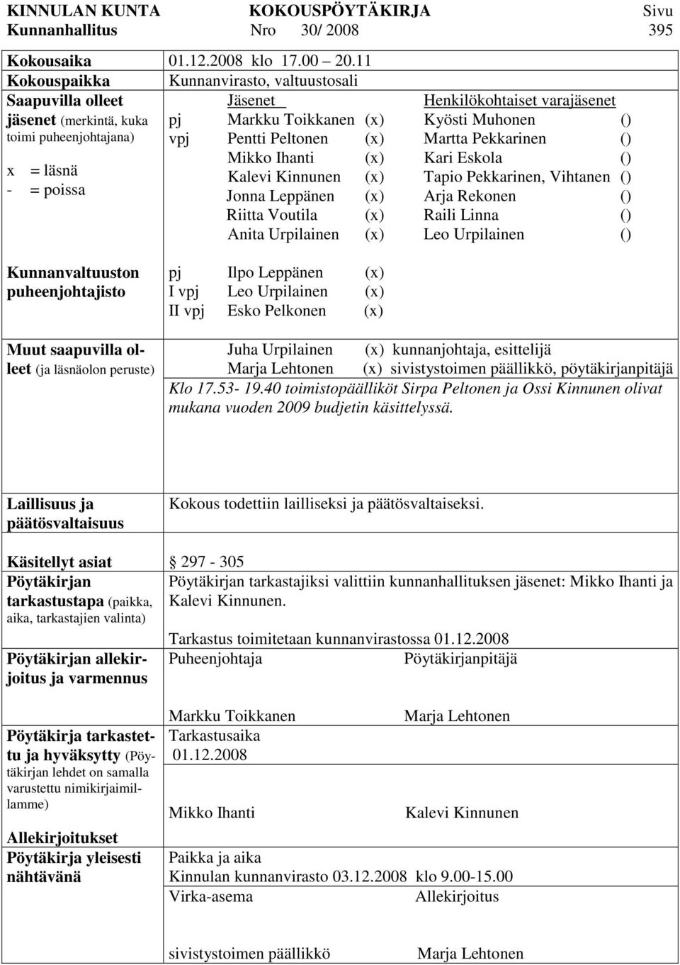 Muhonen () vpj Pentti Peltonen (x) Martta Pekkarinen () Mikko Ihanti (x) Kari Eskola () Kalevi Kinnunen (x) Tapio Pekkarinen, Vihtanen () Jonna Leppänen (x) Arja Rekonen () Riitta Voutila (x) Raili