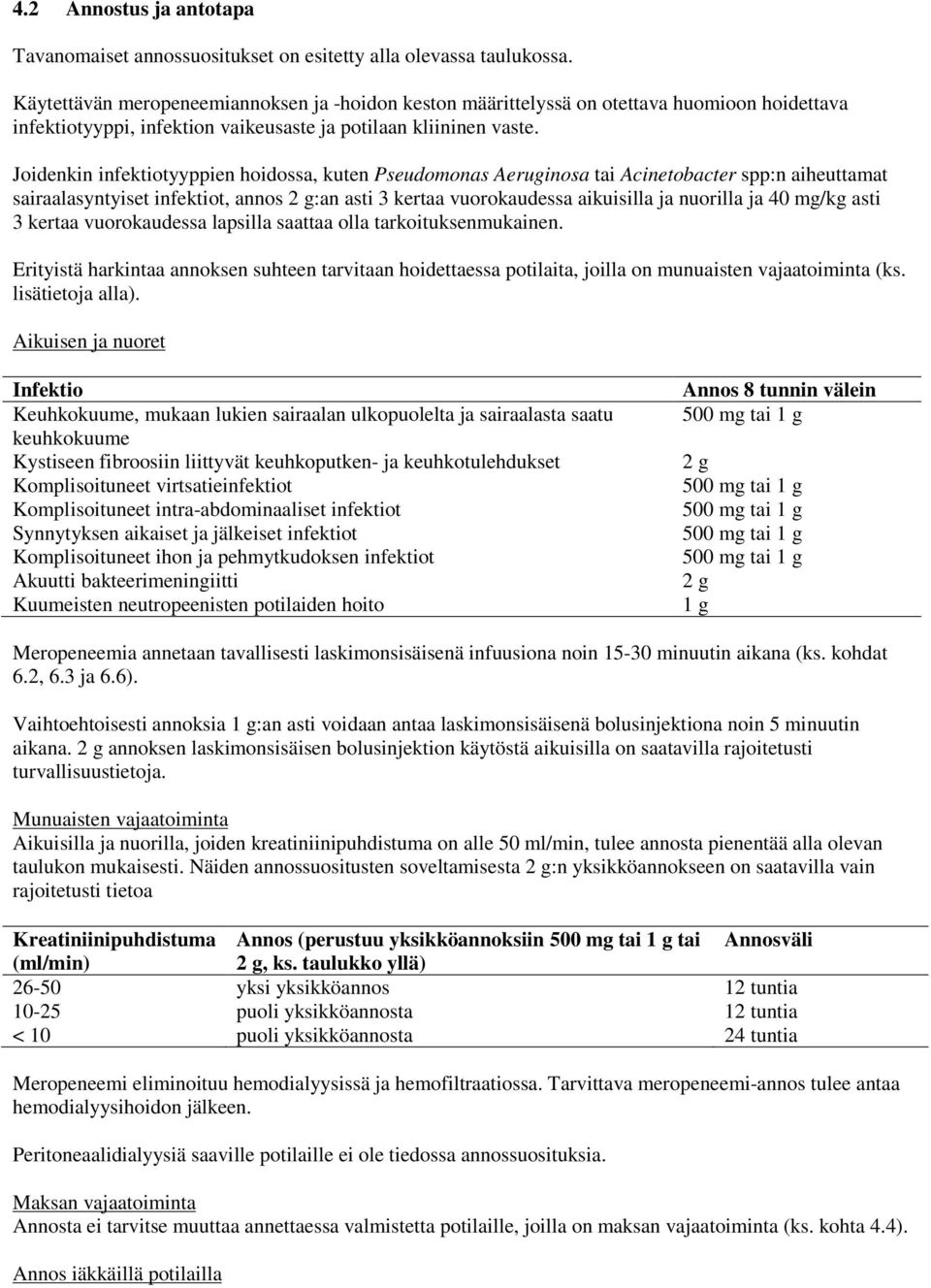 Joidenkin infektiotyyppien hoidossa, kuten Pseudomonas Aeruginosa tai Acinetobacter spp:n aiheuttamat sairaalasyntyiset infektiot, annos 2 g:an asti 3 kertaa vuorokaudessa aikuisilla ja nuorilla ja