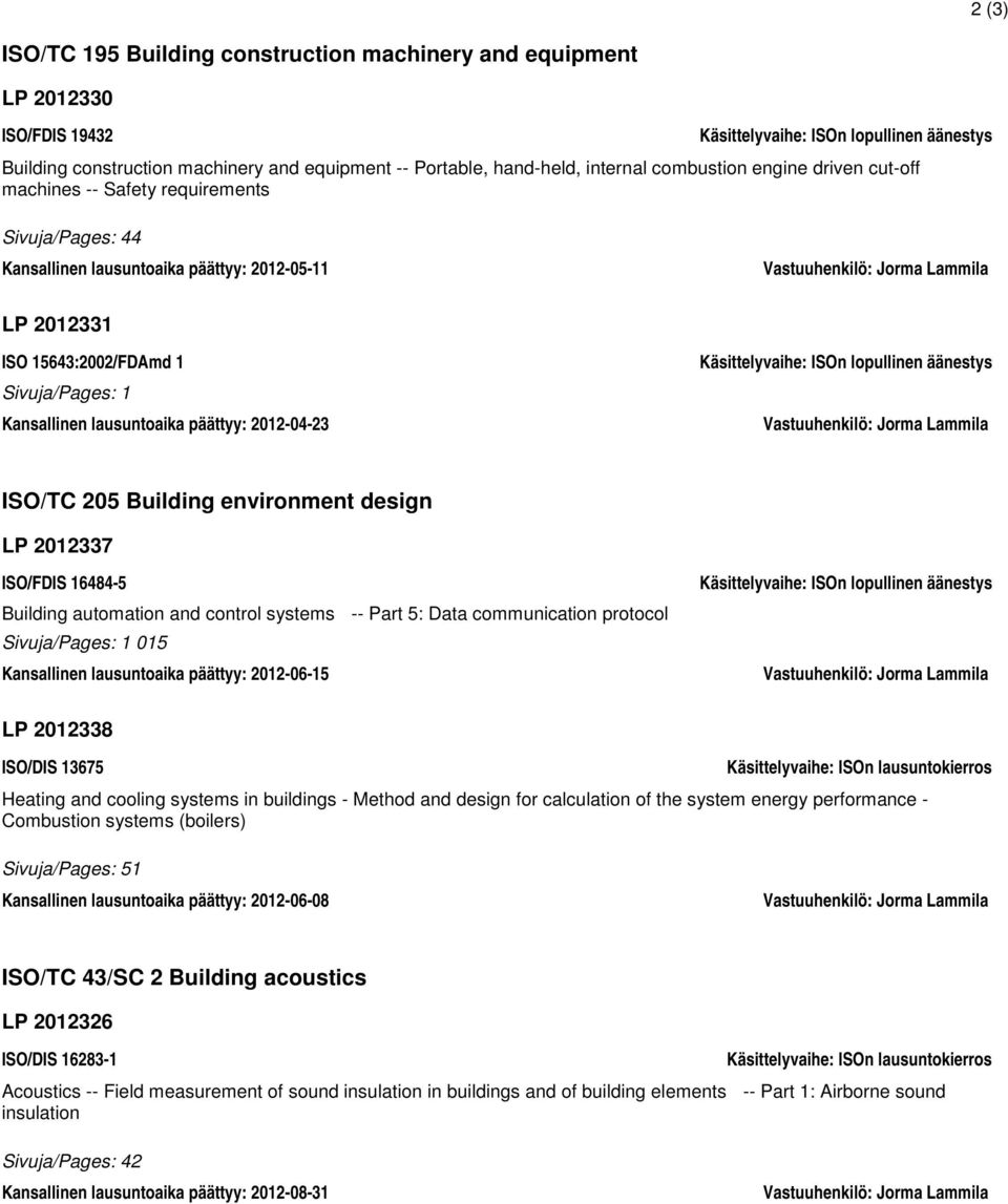 Sivuja/Pages: 1 Kansallinen lausuntoaika päättyy: 2012-04-23 Käsittelyvaihe: ISOn lopullinen äänestys Vastuuhenkilö: Jorma Lammila ISO/TC 205 Building environment design LP 2012337 ISO/FDIS 16484-5