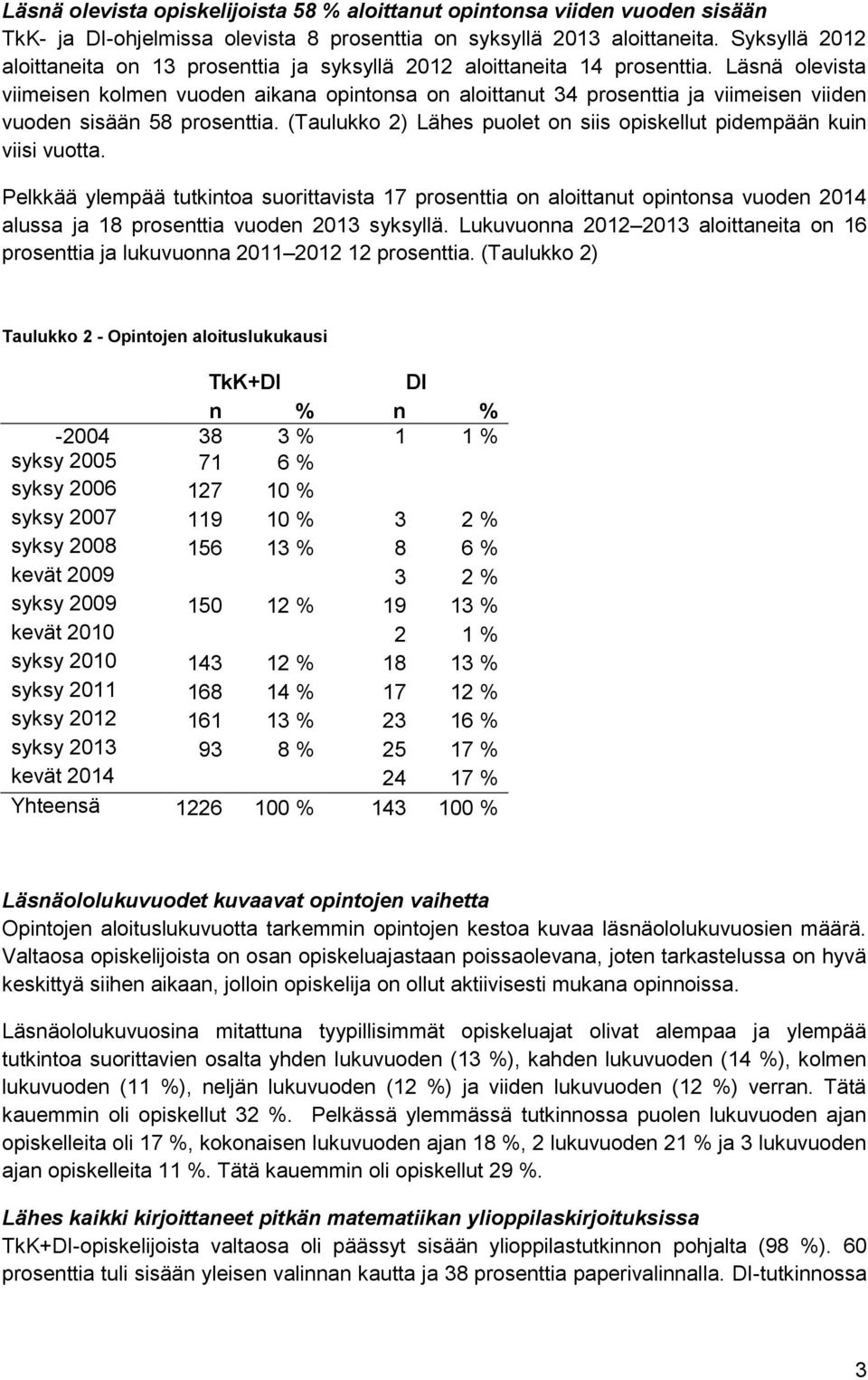 Läsnä olevista viimeisen kolmen vuoden aikana opintonsa on aloittanut 34 prosenttia ja viimeisen viiden vuoden sisään 58 prosenttia.