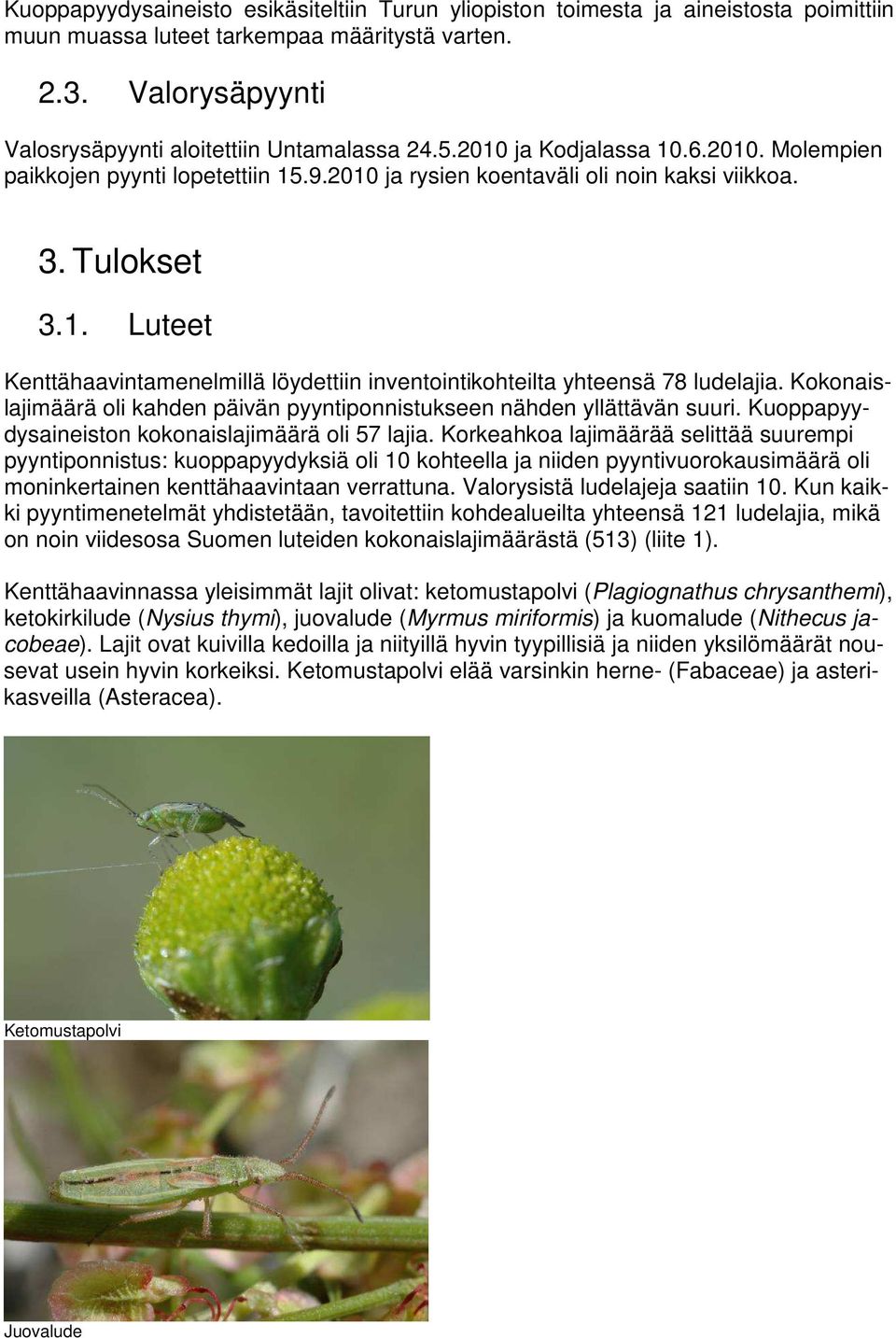 Kokonaislajimäärä oli kahden päivän pyyntiponnistukseen nähden yllättävän suuri. Kuoppapyydysaineiston kokonaislajimäärä oli 57 lajia.