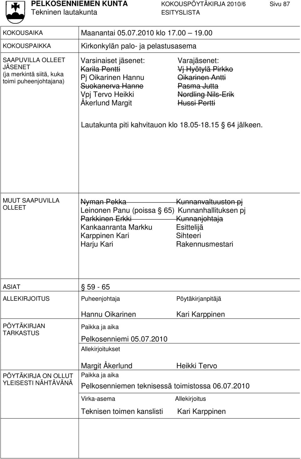 Tervo Heikki Åkerlund Margit Varajäsenet: Vj Hyötylä Pirkko Oikarinen Antti Pasma Jutta Nordling Nils-Erik Hussi Pertti Lautakunta piti kahvitauon klo 18.05-18.15 64 jälkeen.