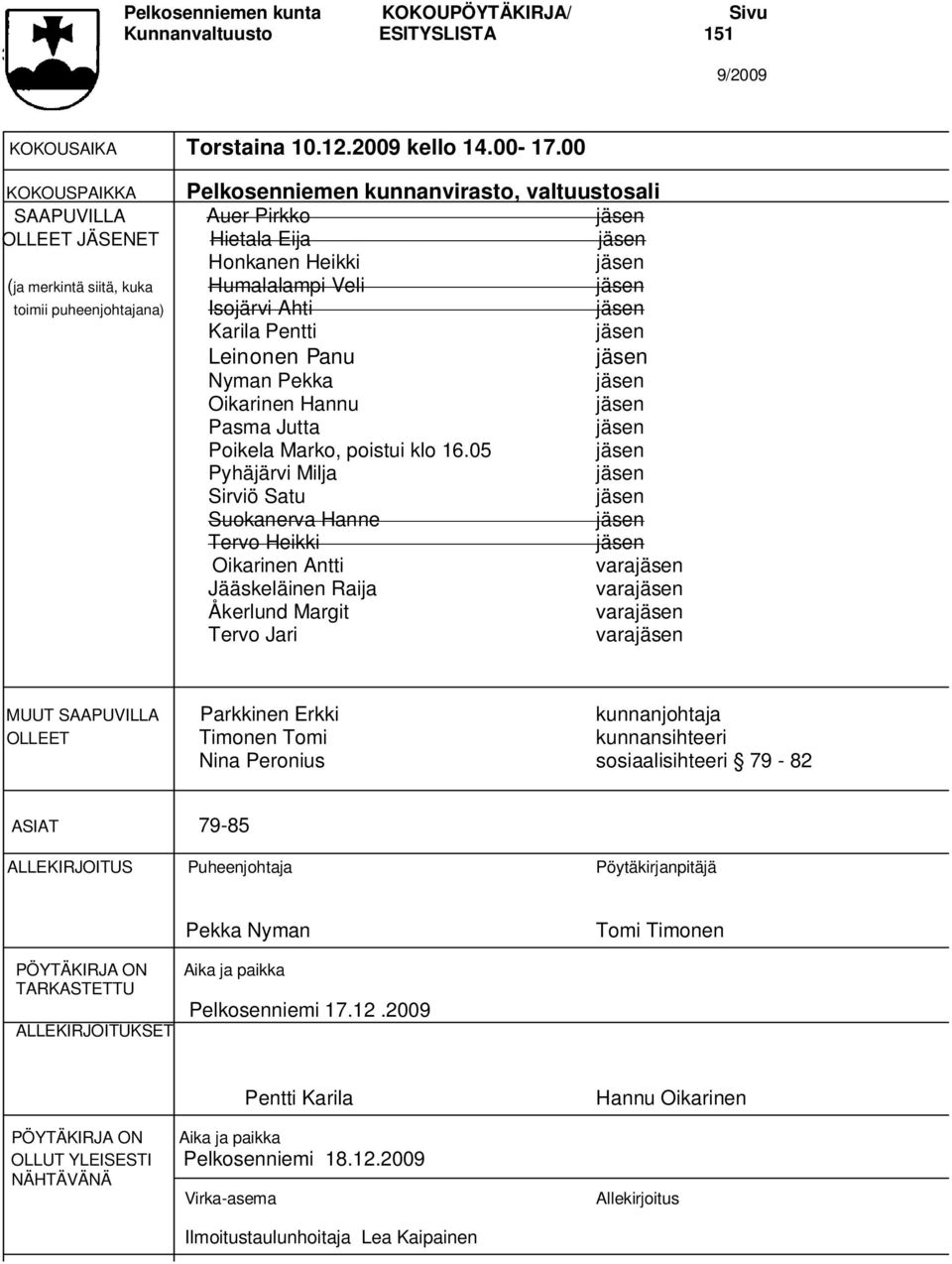 Isojärvi Ahti Karila Pentti Leinonen Panu Nyman Pekka Oikarinen Hannu Pasma Jutta Poikela Marko, poistui klo 16.