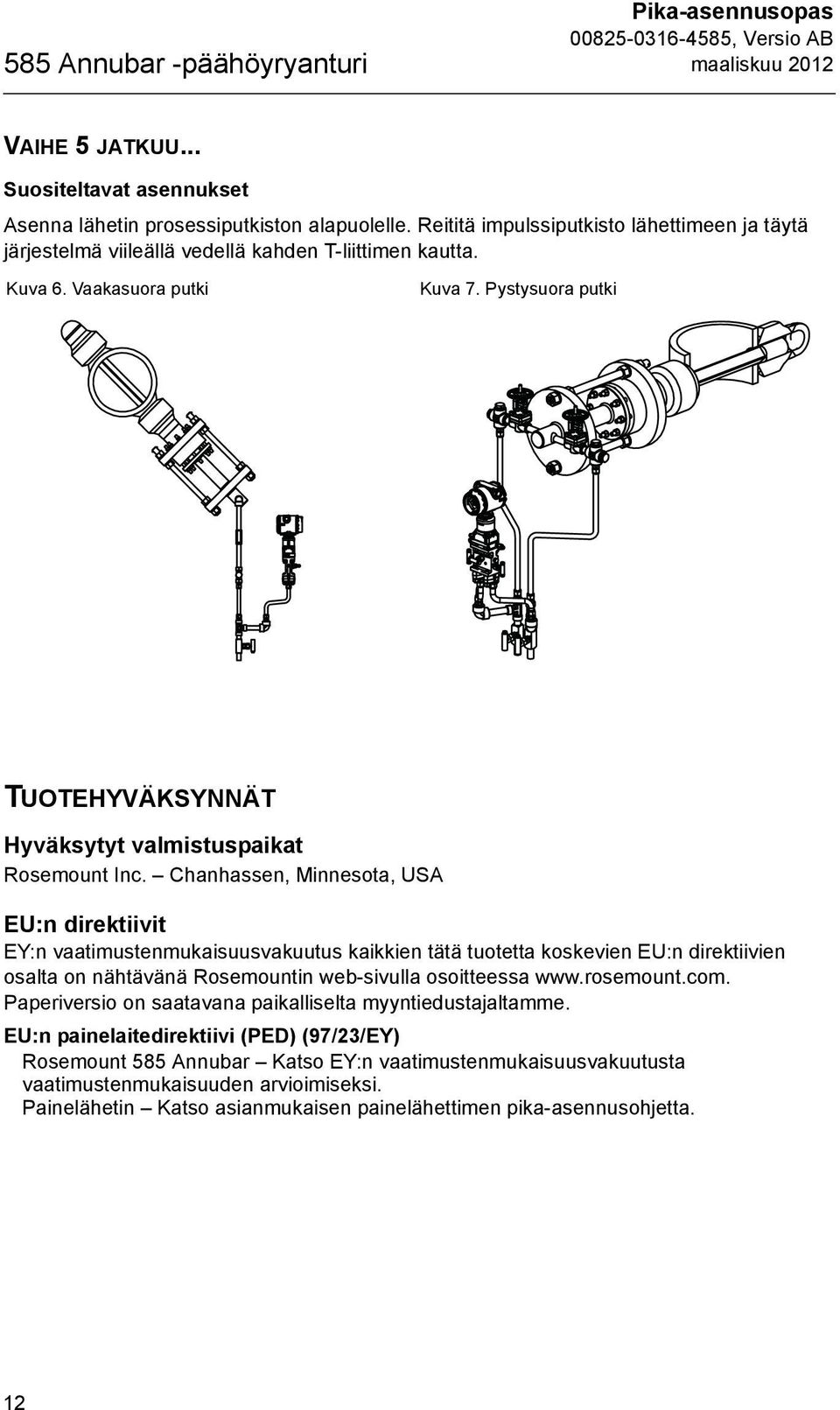 Pystysuora putki TUOTEHYVÄKSYNNÄT Hyväksytyt valmistuspaikat Rosemount Inc.