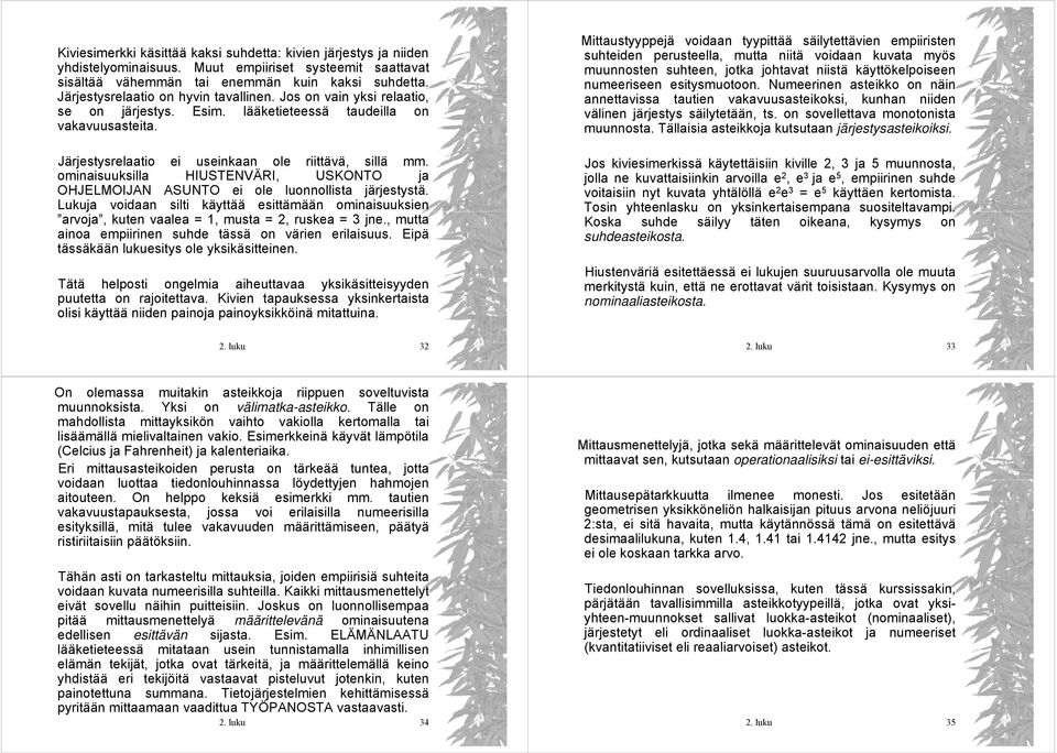 omiaisuuksilla HIUSTENVÄRI, USKONTO ja OHJELMOIJAN ASUNTO ei ole luoollista järjestystä. Lukuja voidaa silti käyttää esittämää omiaisuuksie arvoja, kute vaalea =, musta = 2, ruskea = 3 je.