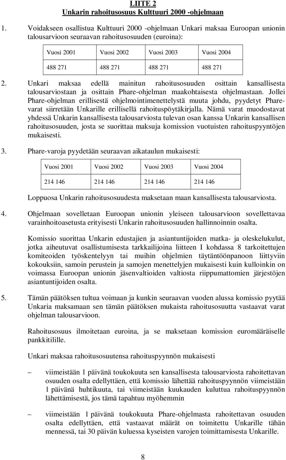 488 271 2. Unkari maksaa edellä mainitun rahoitusosuuden osittain kansallisesta talousarviostaan ja osittain Phare-ohjelman maakohtaisesta ohjelmastaan.