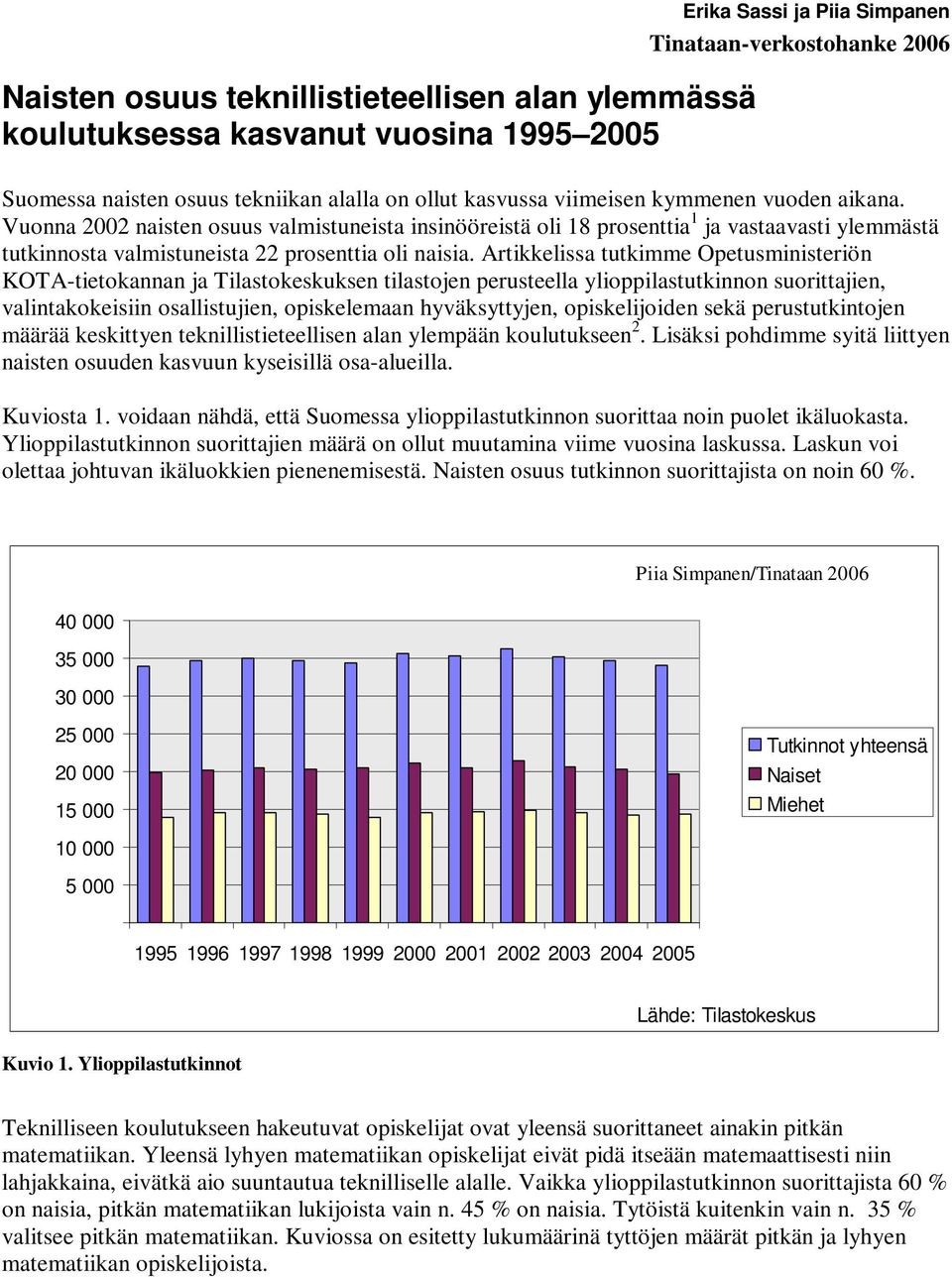 Artikkelissa tutkimme Opetusministeriön KOTA-tietokannan ja Tilastokeskuksen tilastojen perusteella ylioppilastutkinnon suorittajien, valintakokeisiin osallistujien, opiskelemaan hyväksyttyjen,