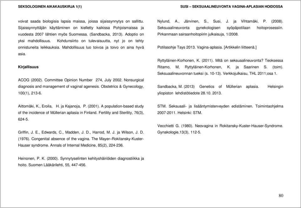 Committee Opinion Number 274, July 2002. Nonsurgical diagnosis and management of vaginal agenesis. Obstetrics & Gynecology, 100(1), 213-6. Nylund, A., Järvinen, S., Susi, J. ja Vihtamäki, P. (2008).