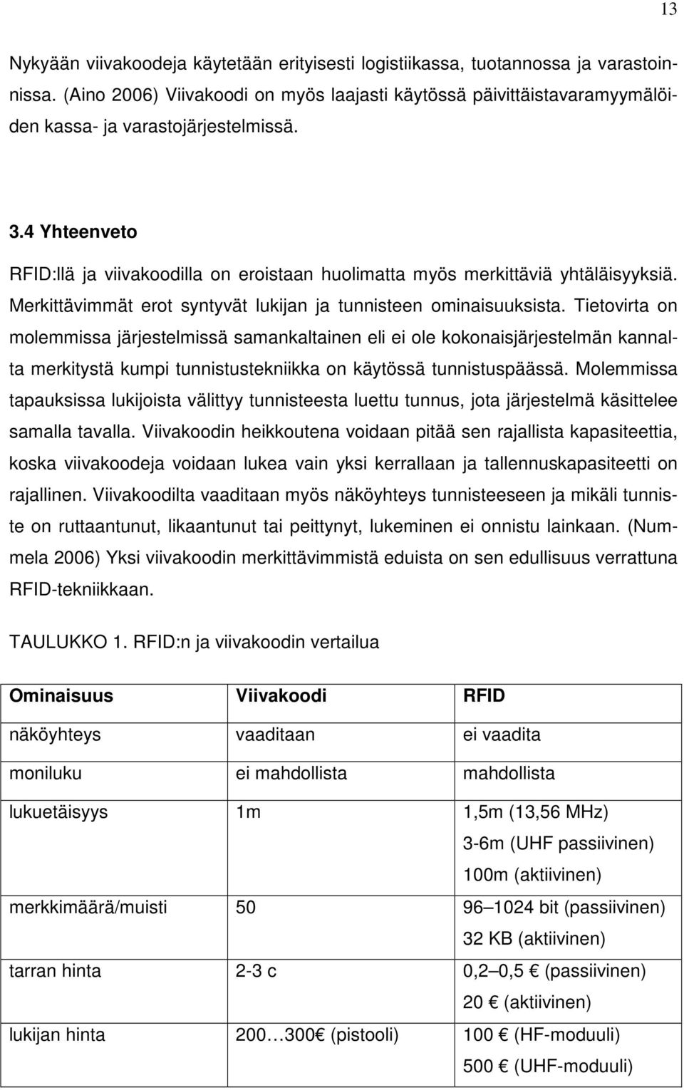4 Yhteenveto RFID:llä ja viivakoodilla on eroistaan huolimatta myös merkittäviä yhtäläisyyksiä. Merkittävimmät erot syntyvät lukijan ja tunnisteen ominaisuuksista.