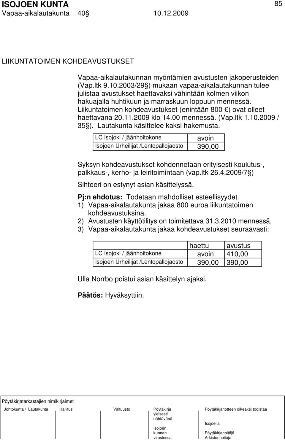 avoin LC Isojoki / jäänhoitokone Urheilijat /Lentopallojaosto 390,00 Syksyn kohdeavustukset kohdennetaan erityisesti koulutus-, palkkaus-, kerho- ja leiritoimintaan (vap.ltk 26.4.