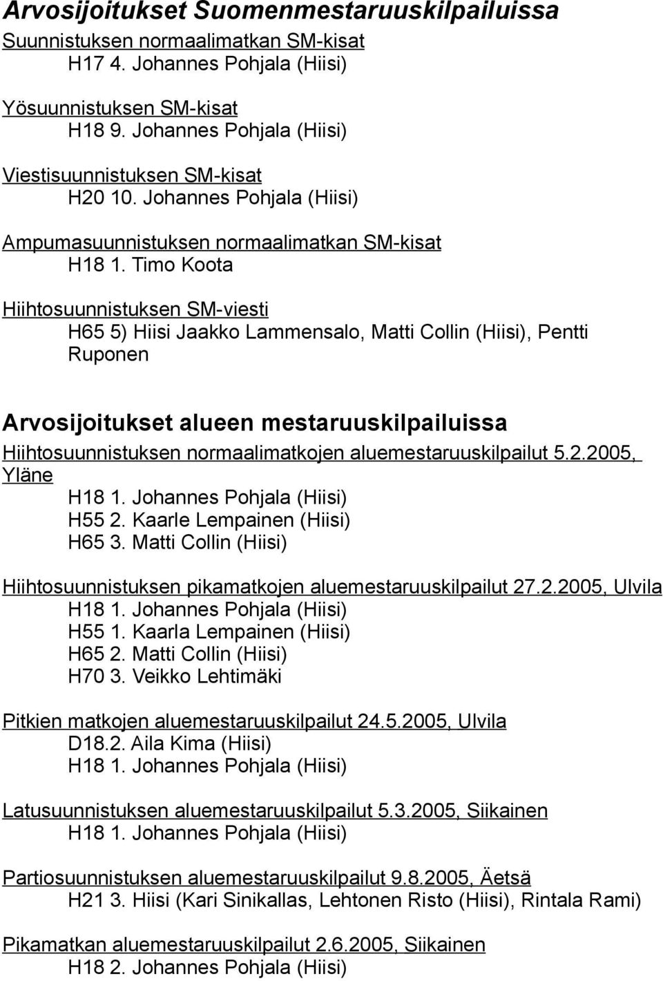 Timo Koota Hiihtosuunnistuksen SM-viesti H65 5) Hiisi Jaakko Lammensalo, Matti Collin (Hiisi), Pentti Ruponen Arvosijoitukset alueen mestaruuskilpailuissa Hiihtosuunnistuksen normaalimatkojen