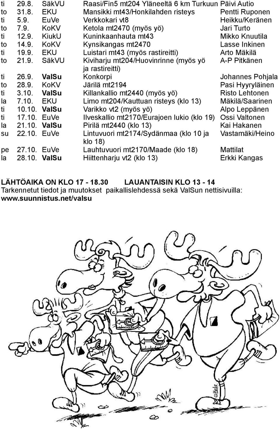 9. ValSu Konkorpi Johannes Pohjala to 28.9. KoKV Järilä mt2194 Pasi Hyyryläinen ti 3.10. ValSu Killankallio mt2440 (myös yö) Risto Lehtonen la 7.10. EKU Limo mt204/kauttuan risteys (klo 13) Mäkilä/Saarinen ti 10.
