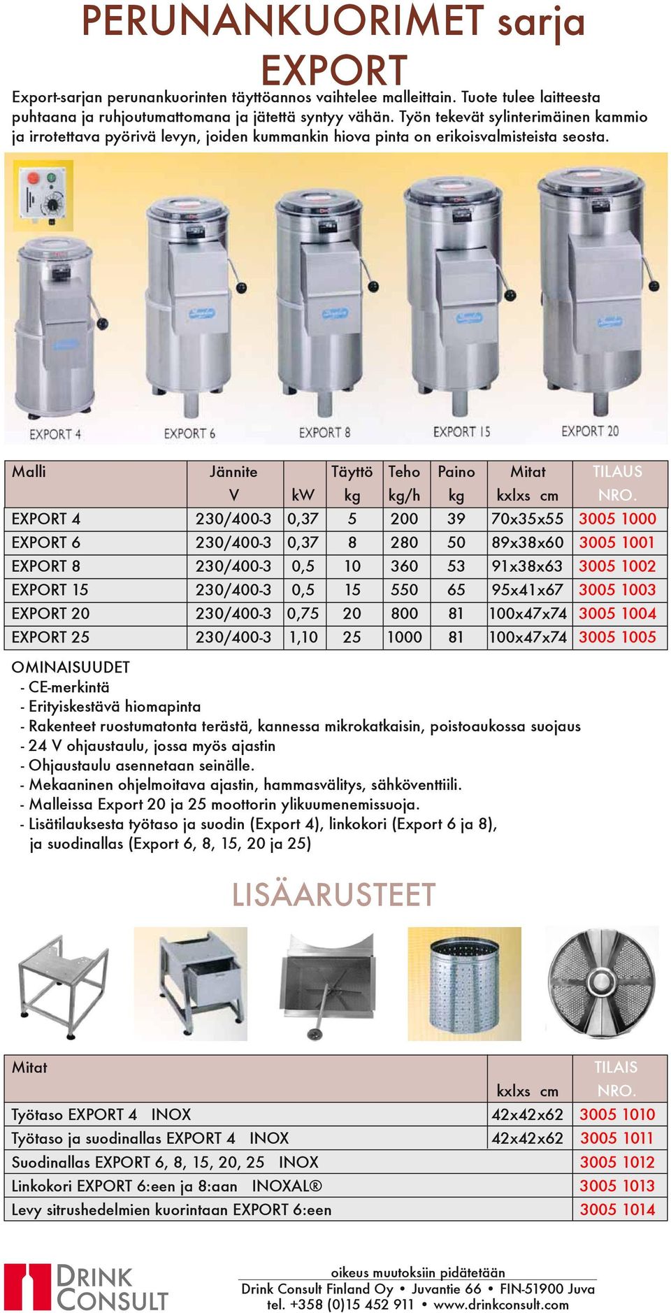 Malli Jännite Täyttö Teho Paino Mitat TILAUS EXPORT 4 230/400-3 0,37 5 200 39 70x35x55 3005 1000 EXPORT 6 230/400-3 0,37 8 280 50 89x38x60 3005 1001 EXPORT 8 230/400-3 0,5 10 360 53 91x38x63 3005