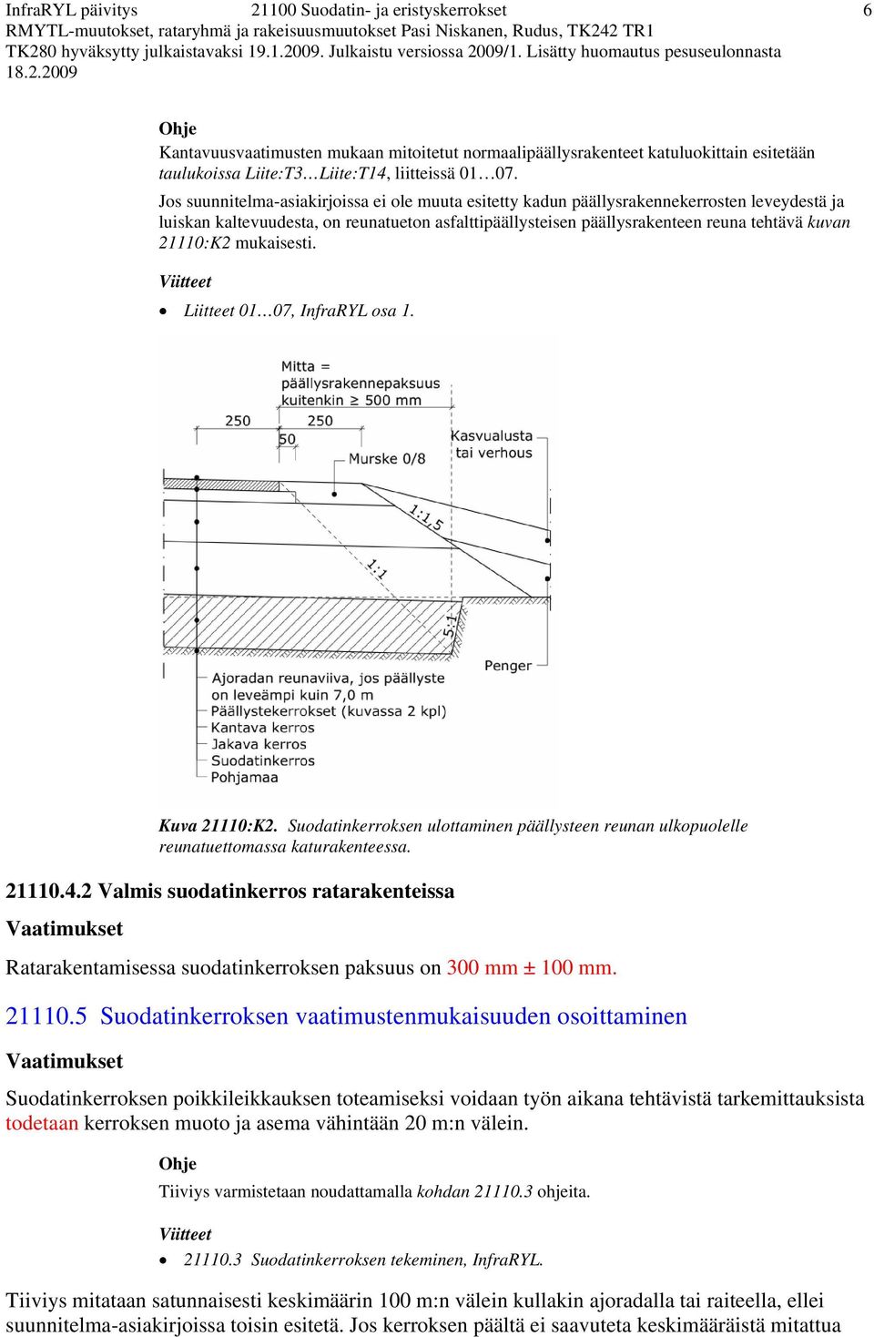 21110:K2 mukaisesti. Liitteet 01 07, InfraRYL osa 1. Kuva 21110:K2. Suodatinkerroksen ulottaminen päällysteen reunan ulkopuolelle reunatuettomassa katurakenteessa. 21110.4.