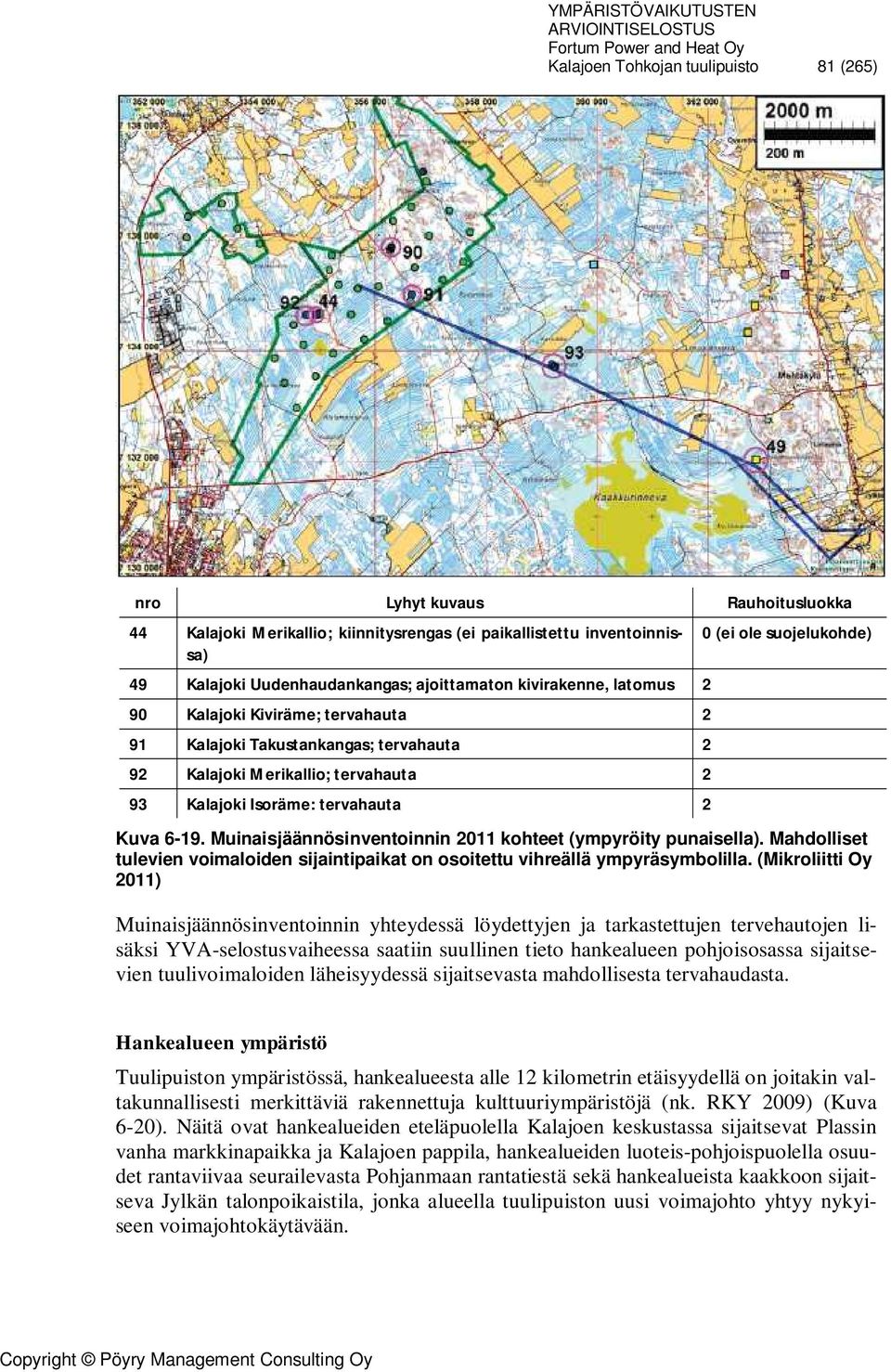 6-19. Muinaisjäännösinventoinnin 2011 kohteet (ympyröity punaisella). Mahdolliset tulevien voimaloiden sijaintipaikat on osoitettu vihreällä ympyräsymbolilla.