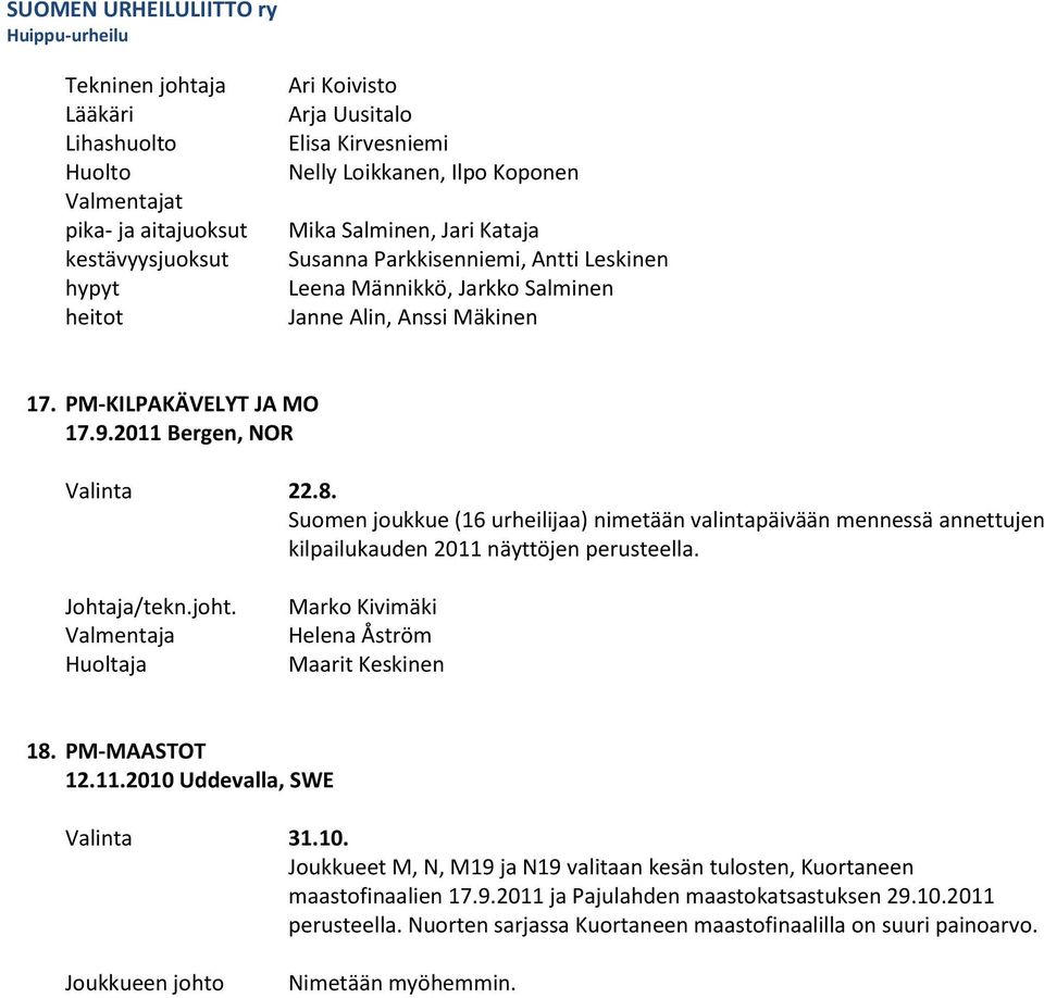 Suomen joukkue (16 urheilijaa) nimetään valintapäivään mennessä annettujen kilpailukauden 2011 näyttöjen perusteella. /tekn.joht. Valmentaja Marko Kivimäki Helena Åström Maarit Keskinen 18.