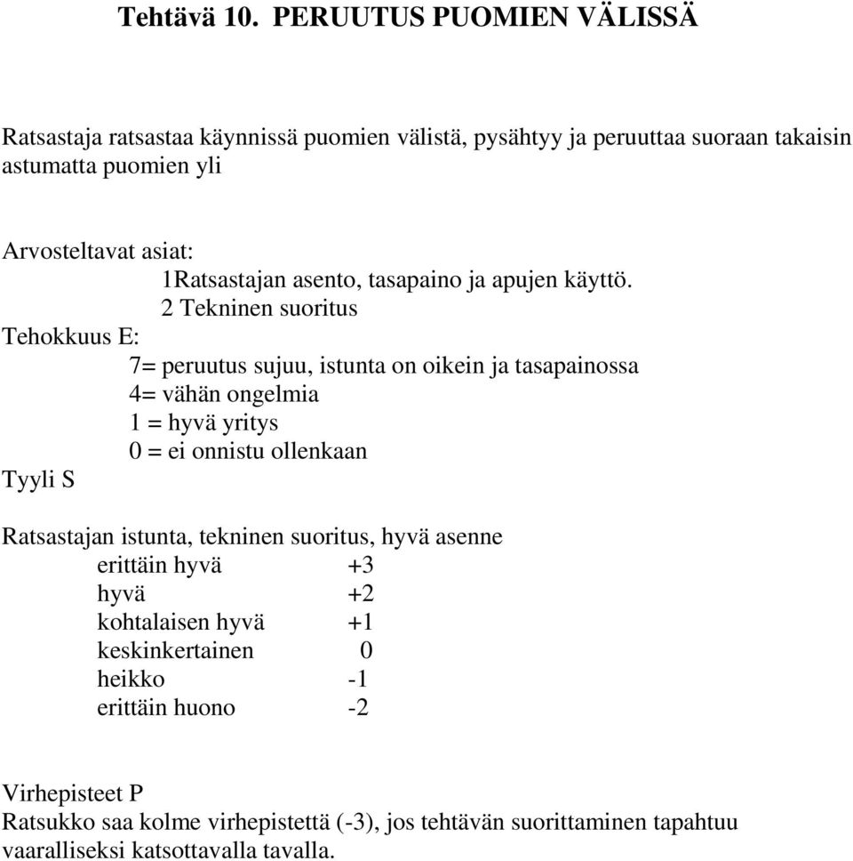 takaisin astumatta puomien yli Arvosteltavat asiat: 1Ratsastajan asento, tasapaino ja apujen käyttö.