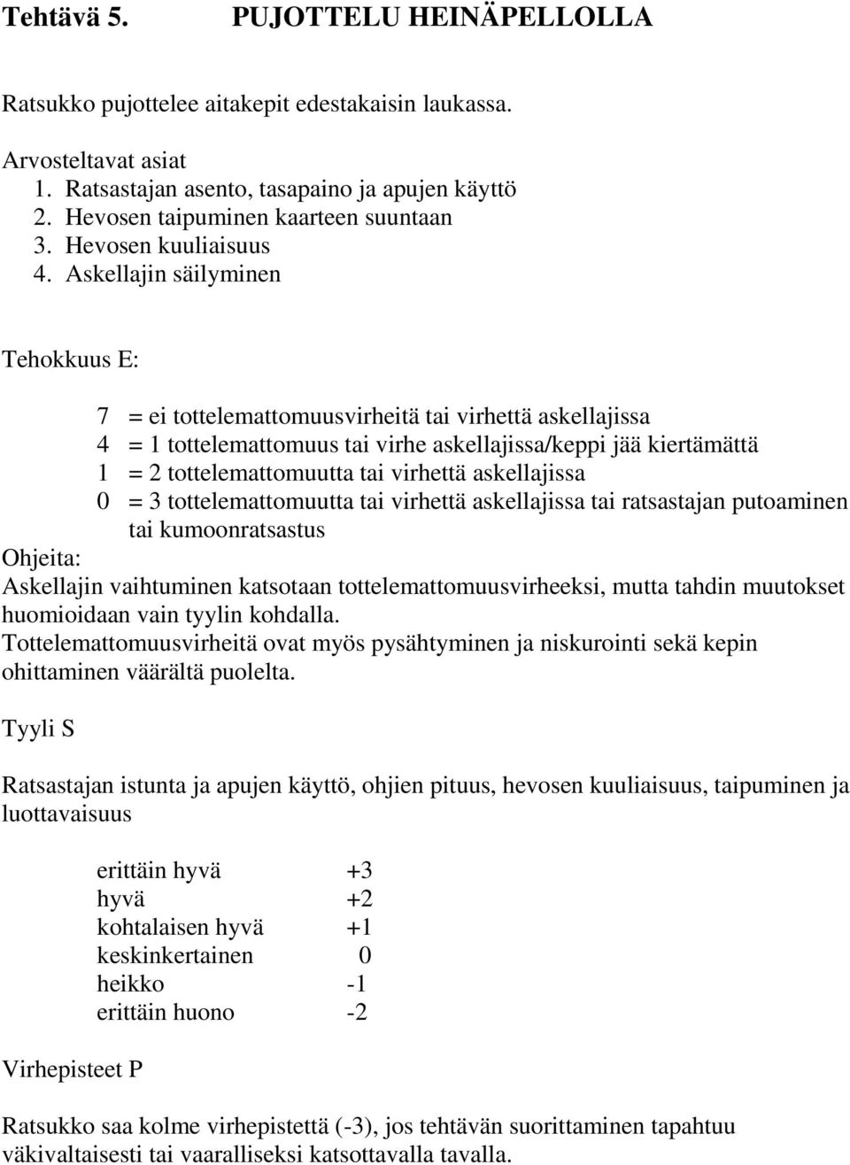 Askellajin säilyminen 7 = ei tottelemattomuusvirheitä tai virhettä askellajissa 4 = 1 tottelemattomuus tai virhe askellajissa/keppi jää kiertämättä 1 = 2 tottelemattomuutta tai virhettä askellajissa