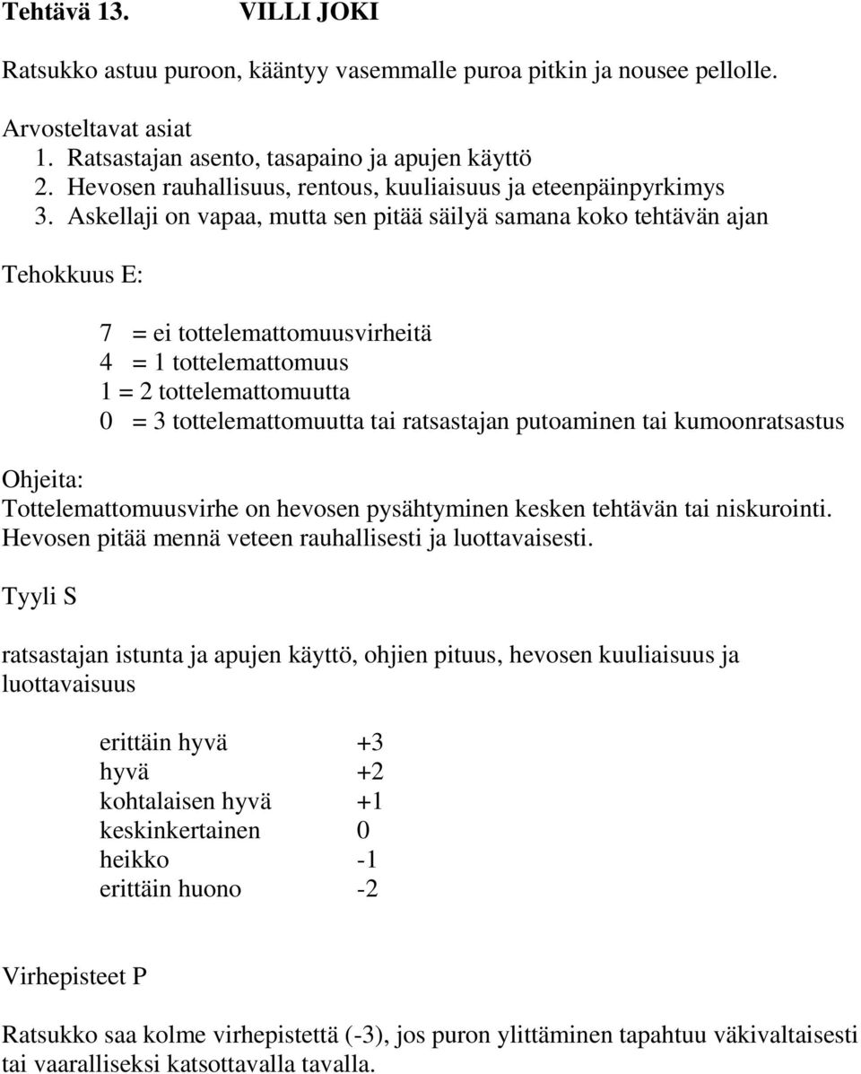 Askellaji on vapaa, mutta sen pitää säilyä samana koko tehtävän ajan 7 = ei tottelemattomuusvirheitä 4 = 1 tottelemattomuus 1 = 2 tottelemattomuutta 0 = 3 tottelemattomuutta tai ratsastajan