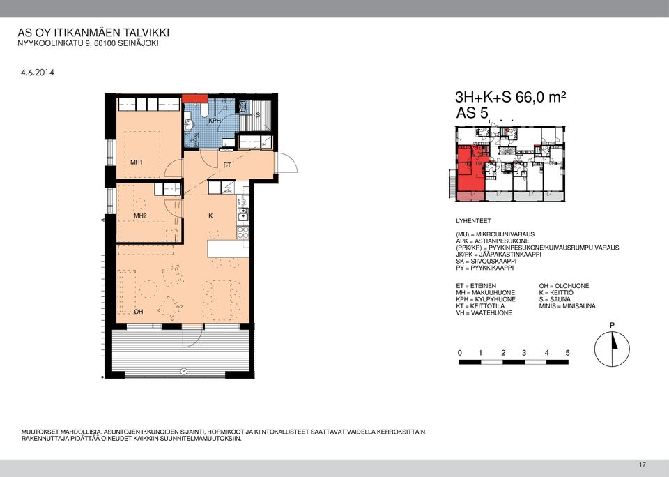 MAKUUHUONE KPH = KYLPYHUONE KT = KEITTOTILA VH = VAATEHUONE OH = OLOHUONE K = KEITTIÖ S = SAUNA MINIS = MINISAUNA P 0 1 2 3 4 5 MUUTOKSET
