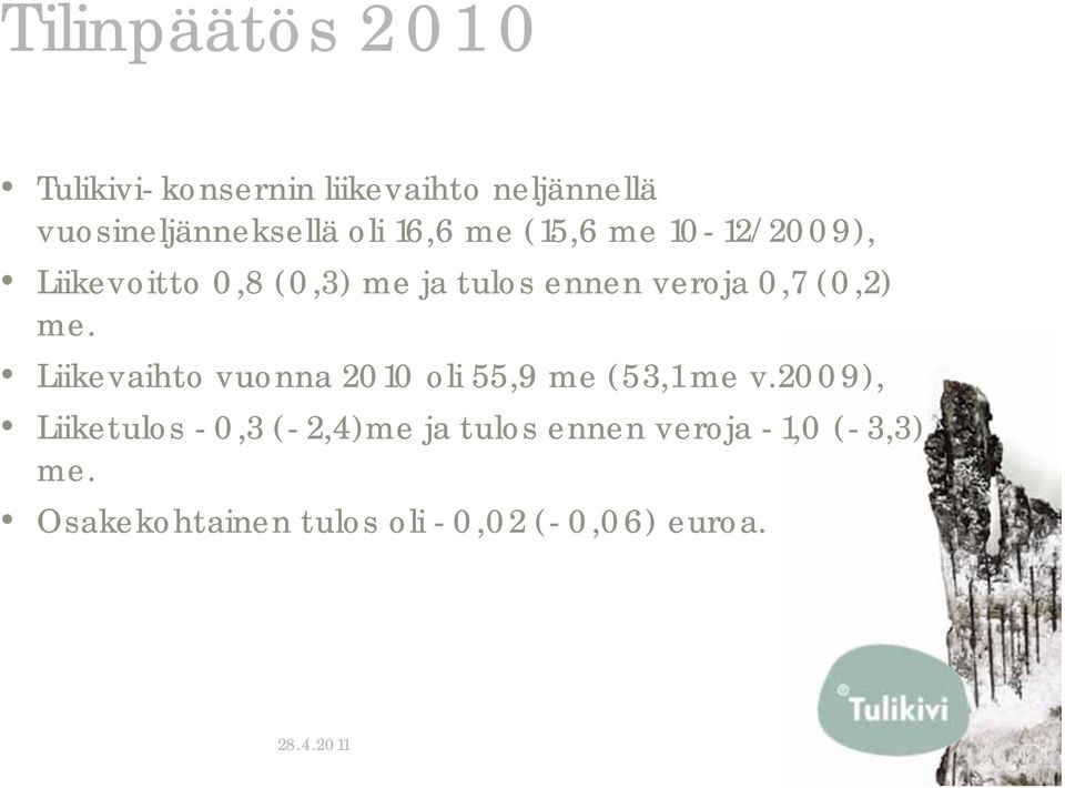 (0,2) me. Liikevaihto vuonna 2010 oli 55,9 me (53,1 me v.