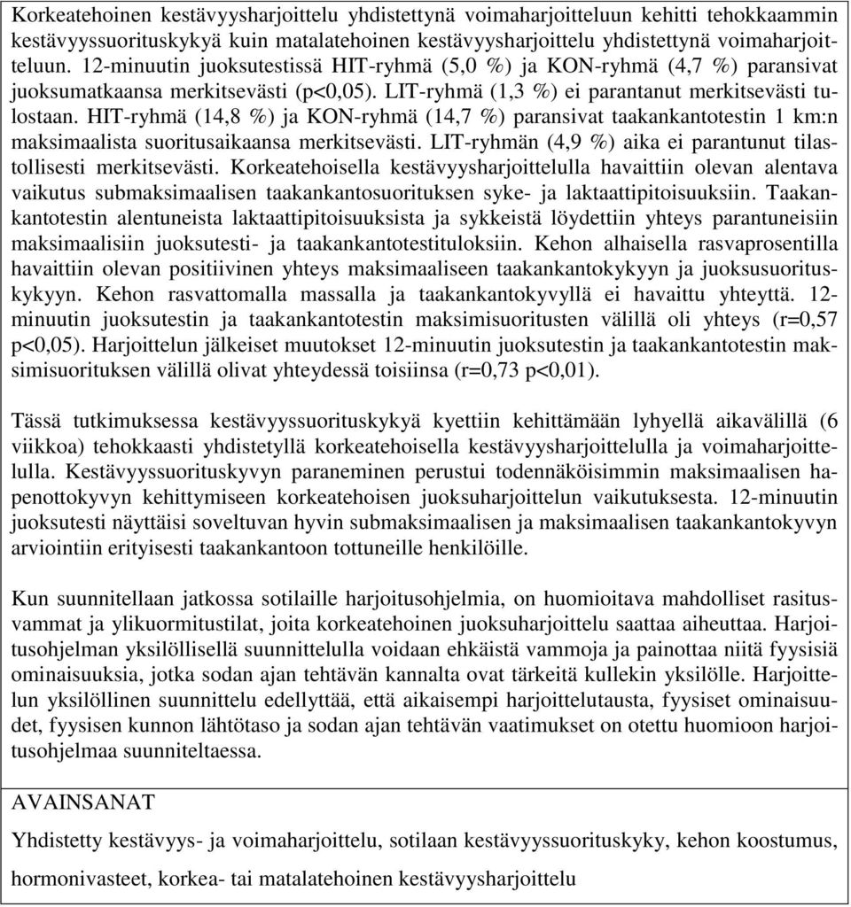 HIT-ryhmä (14,8 %) ja KON-ryhmä (14,7 %) paransivat taakankantotestin 1 km:n maksimaalista suoritusaikaansa merkitsevästi. LIT-ryhmän (4,9 %) aika ei parantunut tilastollisesti merkitsevästi.