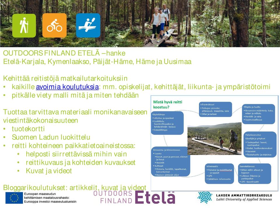 opiskelijat, kehittäjät, liikunta- ja ympäristötoimi pitkälle viety malli mitä ja miten tehdään Tuottaa tarvittava materiaali