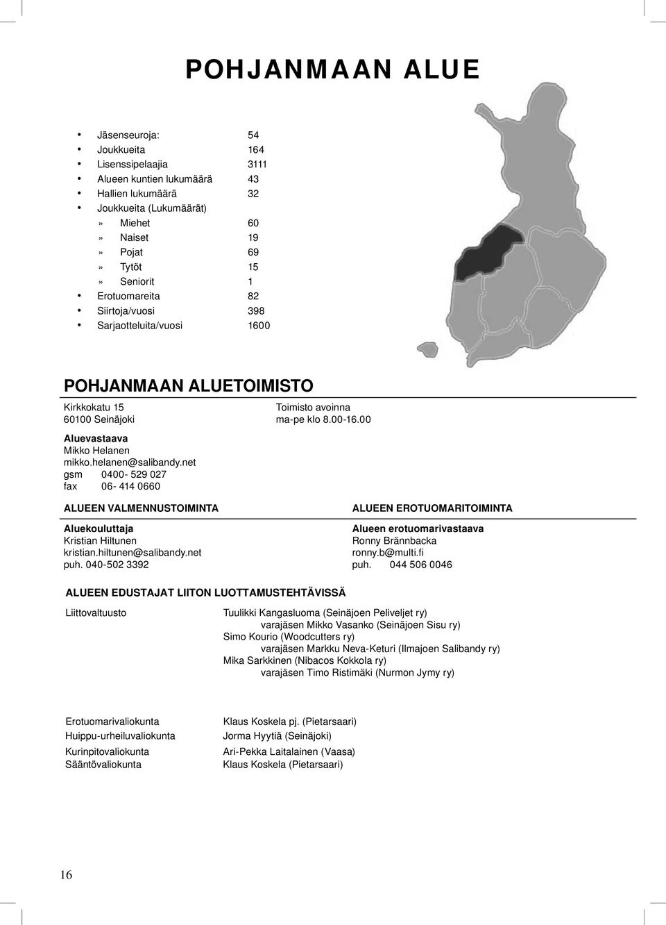 0660 Toimisto avoinna ma-pe klo 8 00-16 00 ALUEEN VALMENNUSTOIMINTA Aluekouluttaja Kristian Hiltunen kristian hiltunen@salibandy net puh 040-502 3392 ALUEEN EROTUOMARITOIMINTA Alueen