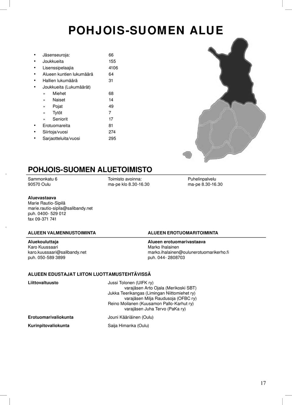 Marie Rautio-Sipilä marie rautio-sipila@salibandy net puh 0400-529 012 fax 09-371 741 ALUEEN VALMENNUSTOIMINTA Aluekouluttaja Karo Kuussaari karo kuussaari@salibandy net puh 050-589 3899 ALUEEN