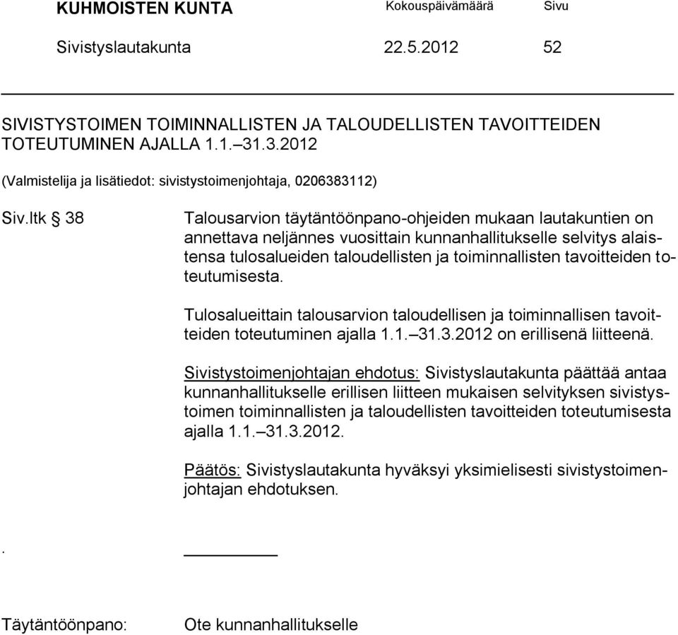 toteutumisesta. Tulosalueittain talousarvion taloudellisen ja toiminnallisen tavoitteiden toteutuminen ajalla 1.1. 31.3.2012 on erillisenä liitteenä.