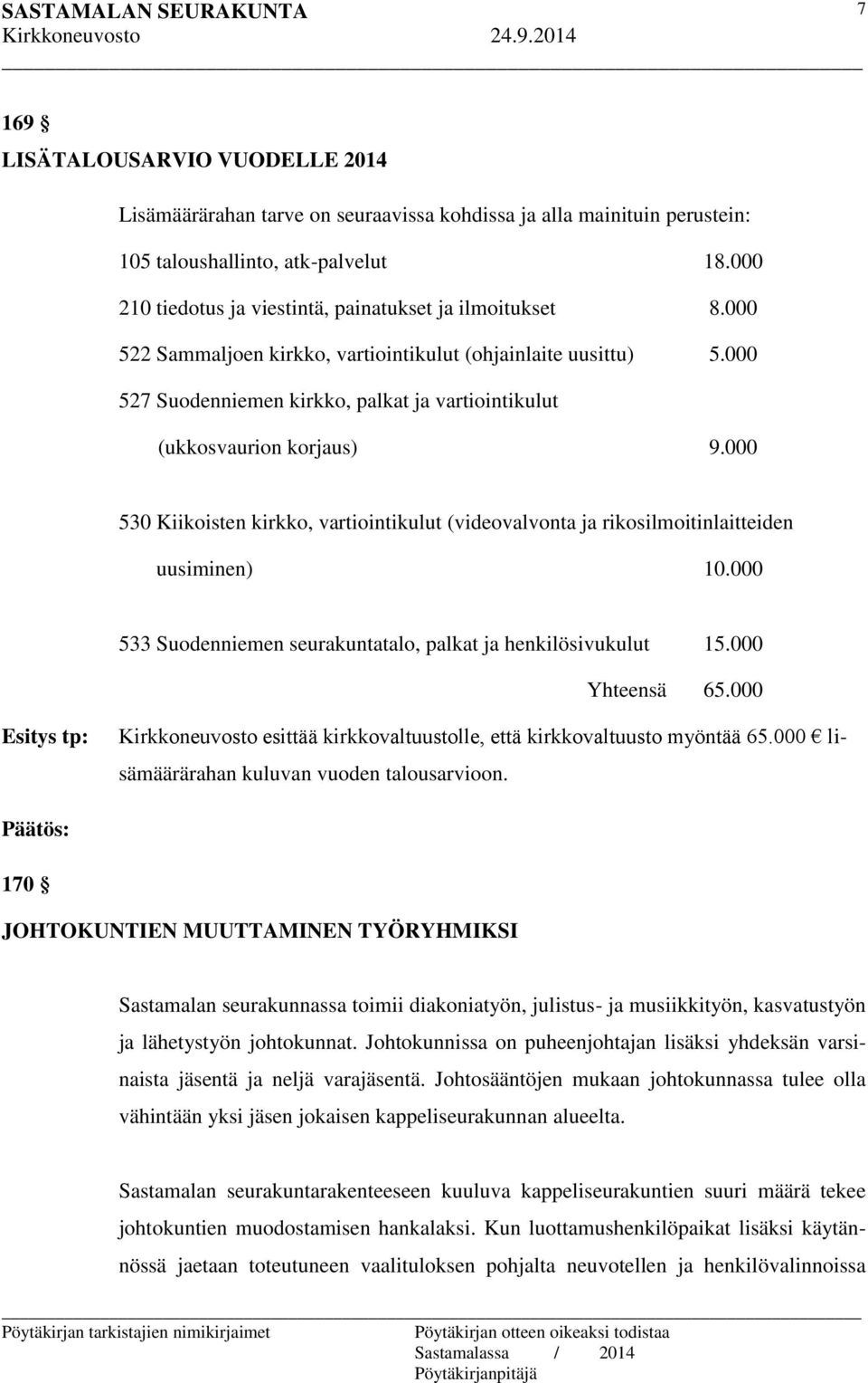 000 527 Suodenniemen kirkko, palkat ja vartiointikulut (ukkosvaurion korjaus) 9.000 530 Kiikoisten kirkko, vartiointikulut (videovalvonta ja rikosilmoitinlaitteiden uusiminen) 10.
