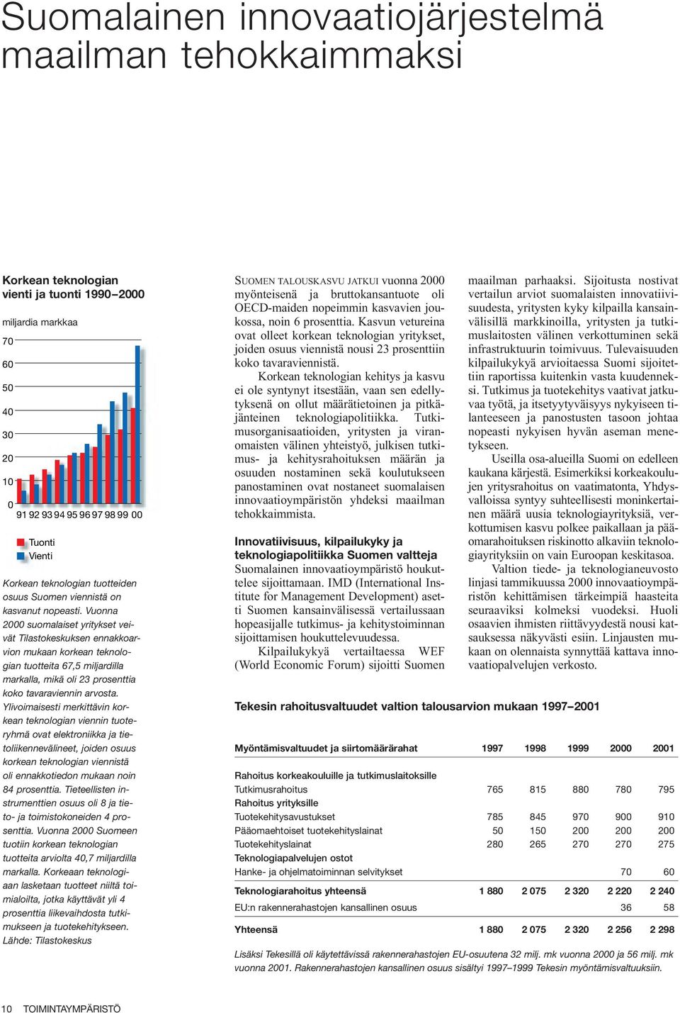 Vuonna 2000 suomalaiset yritykset veivät Tilastokeskuksen ennakkoarvion mukaan korkean teknologian tuotteita 67,5 miljardilla markalla, mikä oli 23 prosenttia koko tavaraviennin arvosta.
