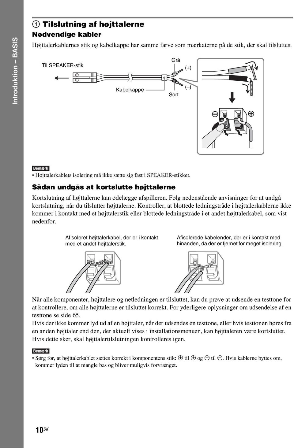 Sådan undgås at kortslutte højttalerne Kortslutning af højttalerne kan ødelægge afspilleren. Følg nedenstående anvisninger for at undgå kortslutning, når du tilslutter højttalerne.