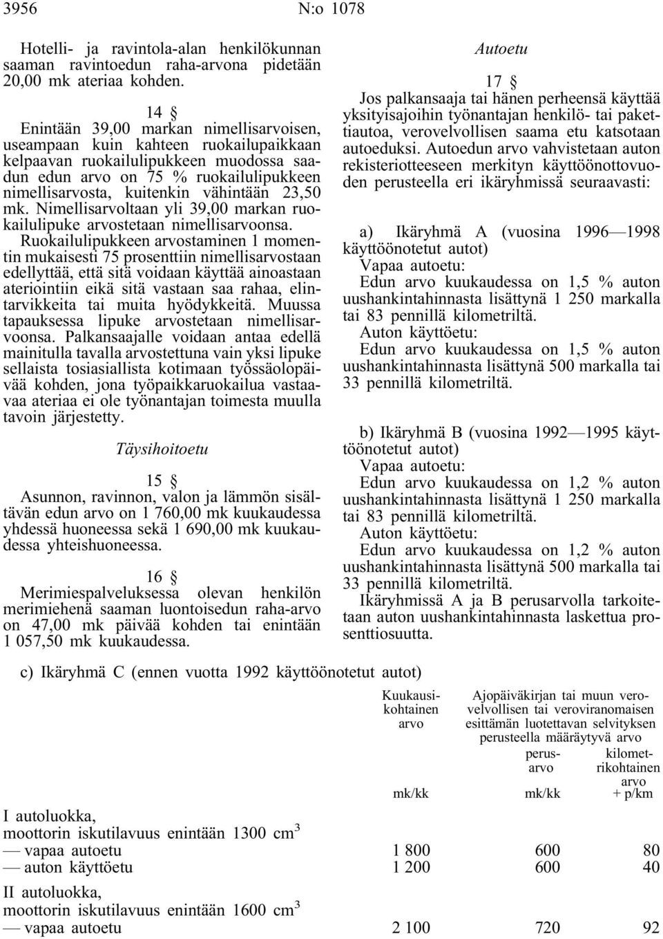 23,50 mk. Nimellisarvoltaan yli 39,00 markan ruokailulipuke arvostetaan nimellisarvoonsa.