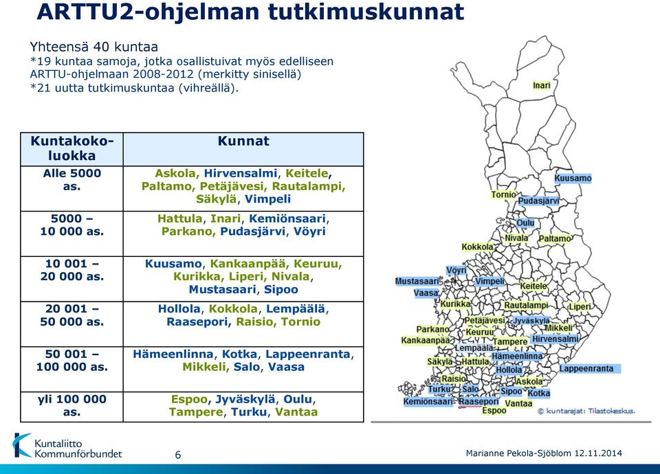 Kunnat Askola, Hirvensalmi, Keitele, Paltamo, Petäjävesi, Rautalampi, Säkylä, Vimpeli Hattula, Inari, Kemiönsaari, Parkano, Pudasjärvi, Vöyri 10 001 20 000 as. 20 001 50 000 as.