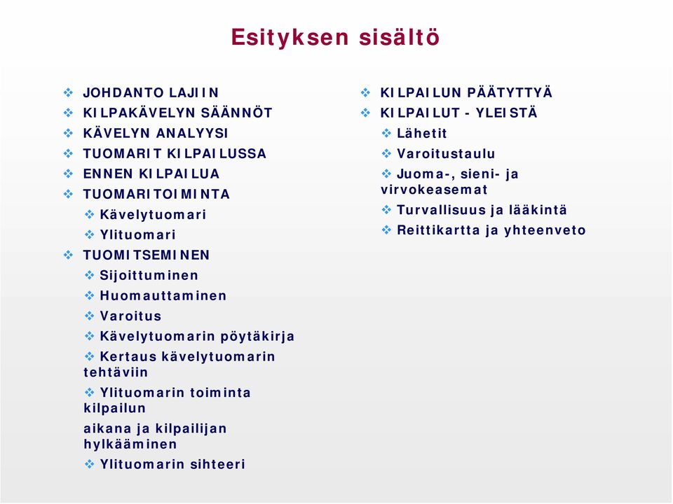 Kertaus kävelytuomarin tehtäviin Ylituomarin toiminta kilpailun aikana ja kilpailijan hylkääminen Ylituomarin sihteeri