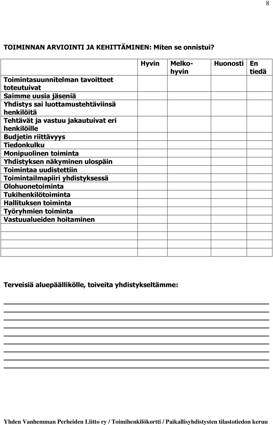 jakautuivat eri henkilöille Budjetin riittävyys Tiedonkulku Monipuolinen toiminta Yhdistyksen näkyminen ulospäin Toimintaa uudistettiin