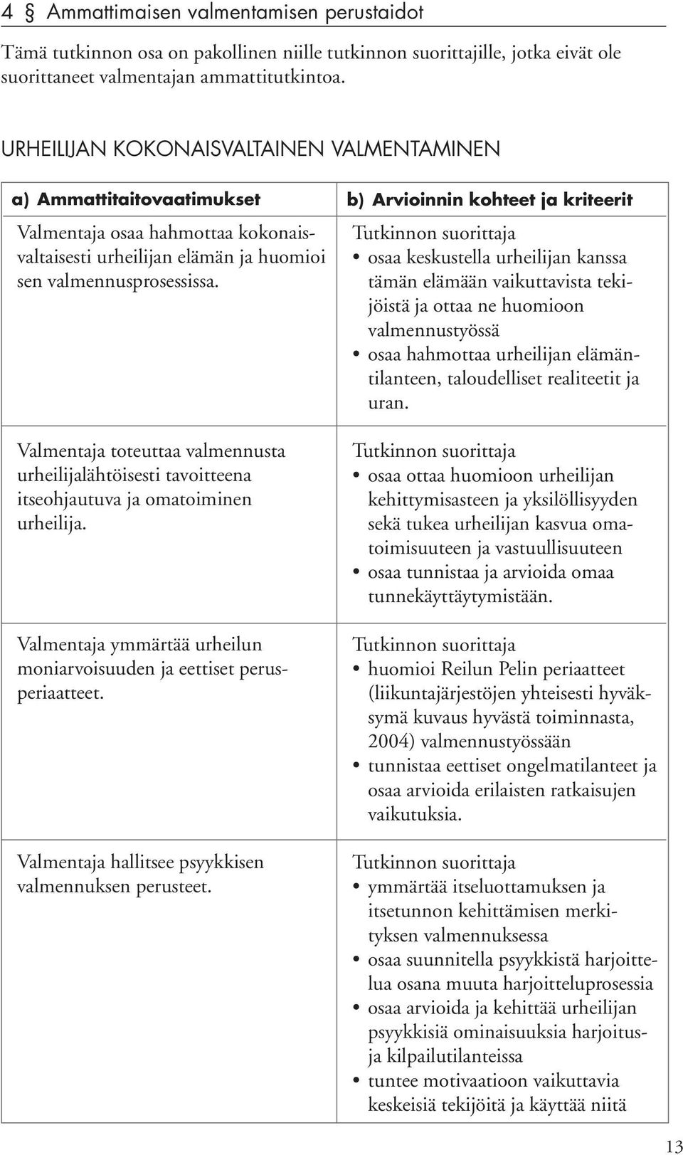 Valmentaja toteuttaa valmennusta urheilijalähtöisesti tavoitteena itseohjautuva ja omatoiminen urheilija. Valmentaja ymmärtää urheilun moniarvoisuuden ja eettiset perusperiaatteet.