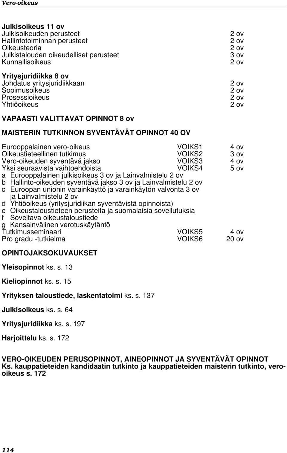 Vero-oikeuden syventävä jakso VOIKS3 Yksi seuraavista vaihtoehdoista VOIKS4 5 ov a Eurooppalainen julkisoikeus ja Lainvalmistelu b Hallinto-oikeuden syventävä jakso ja Lainvalmistelu c Euroopan