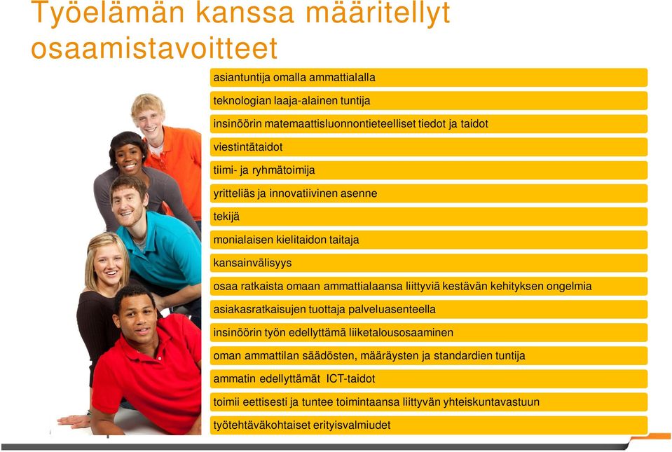 ammattialaansa liittyviä kestävän kehityksen ongelmia asiakasratkaisujen tuottaja palveluasenteella insinöörin työn edellyttämä liiketalousosaaminen oman ammattilan