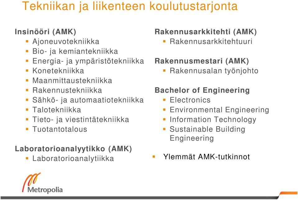 Tuotantotalous Laboratorioanalyytikko (AMK) Laboratorioanalytiikka Rakennusarkkitehti (AMK) Rakennusarkkitehtuuri Rakennusmestari (AMK)