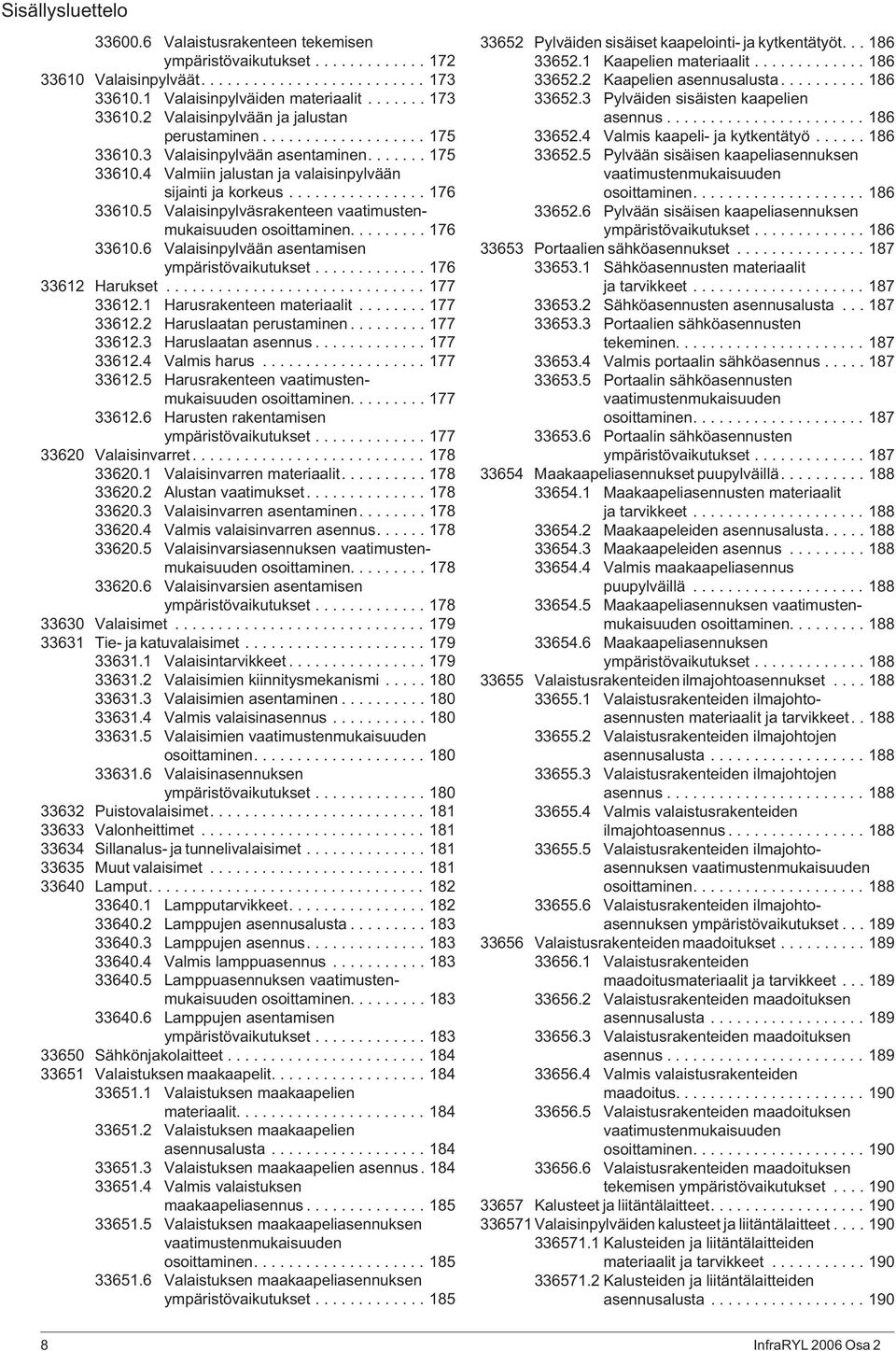 ........ 176 33610.6 Valaisinpylvään asentamisen ympäristövaikutukset............. 176 33612 Harukset.............................. 177 33612.1 Harusrakenteen materiaalit........ 177 33612.2 Haruslaatan perustaminen.