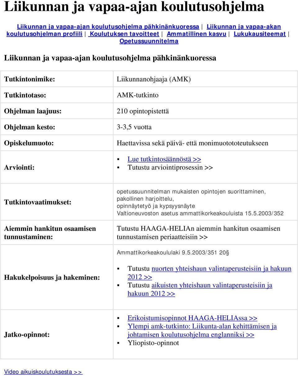 (AMK) AMK-tutkinto 210 opintopistettä 3-3,5 vuotta Haettavissa sekä päivä- että monimuotototeutukseen Lue tutkintosäännöstä >> Tutustu arviointiprosessin >> Tutkintovaatimukset: Aiemmin hankitun