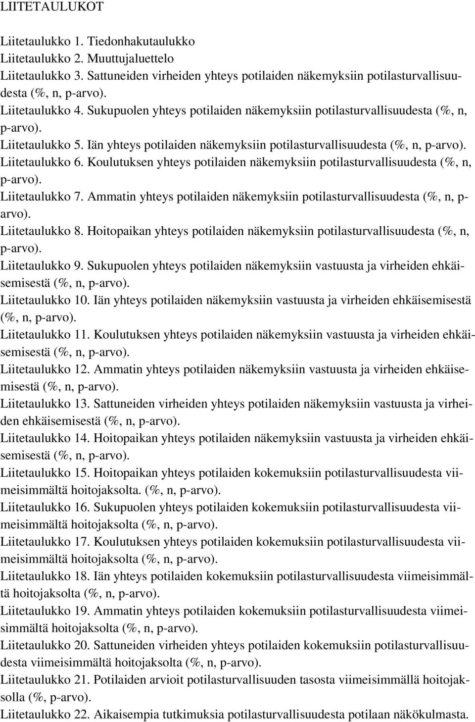 Koulutuksen yhteys potilien näkemyksiin potilsturvllisuuest (%, n, p-rvo). Liitetulukko 7. Ammtin yhteys potilien näkemyksiin potilsturvllisuuest (%, n, p- rvo). Liitetulukko 8.
