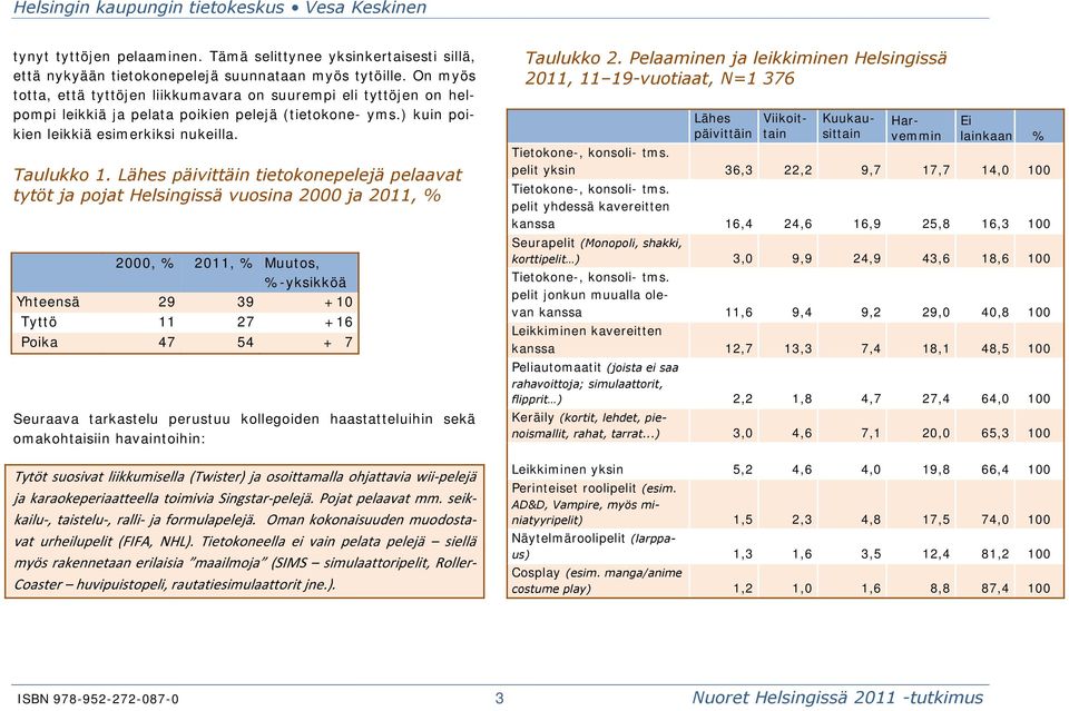 Lähes päivittäin tietokonepelejä pelaavat tytöt ja pojat Helsingissä vuosina ja 11,, 11, Muutos, -yksikköä Yhteensä 29 39 + Tyttö 11 27 +16 Poika 47 54 + 7 Seuraava tarkastelu perustuu kollegoiden