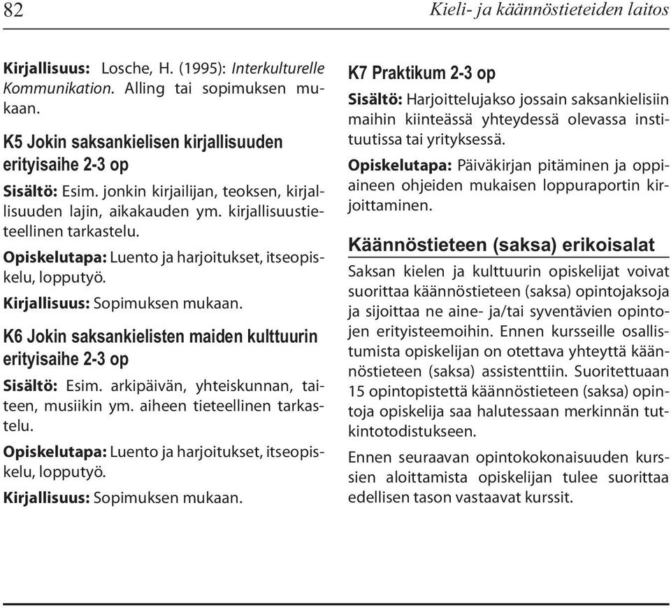 Opiskelutapa: Luento ja harjoitukset, itseopiskelu, K6 Jokin saksankielisten maiden kulttuurin erityisaihe 2-3 op Sisältö: Esim. arkipäivän, yhteiskunnan, taiteen, musiikin ym.