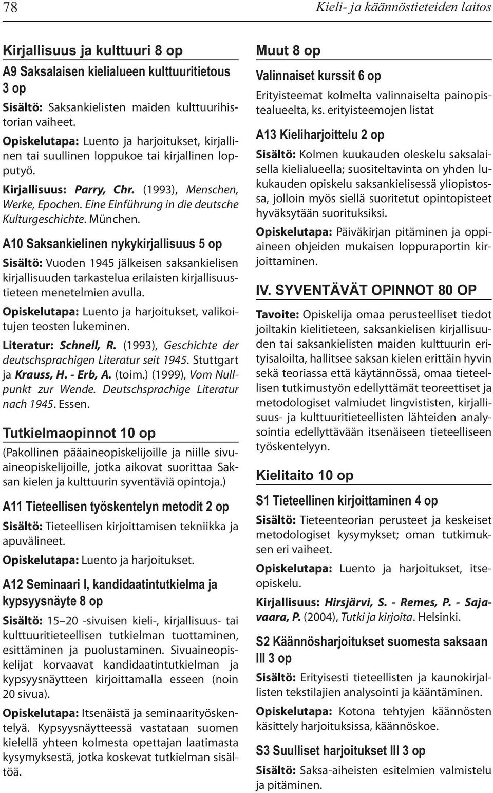 München. A10 Saksankielinen nykykirjallisuus 5 op Sisältö: Vuoden 1945 jälkeisen saksankielisen kirjallisuuden tarkastelua erilaisten kirjallisuustieteen menetelmien avulla.