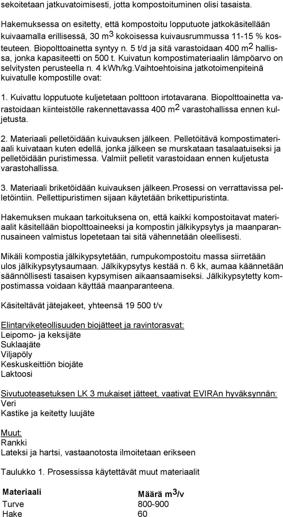 5 t/d ja sitä varastoidaan 400 m 2 hal lissa, jonka kapasiteetti on 500 t. Kuivatun kompostimateriaalin läm pö ar vo on selvitysten pe rus teel la n. 4 kwh/kg.