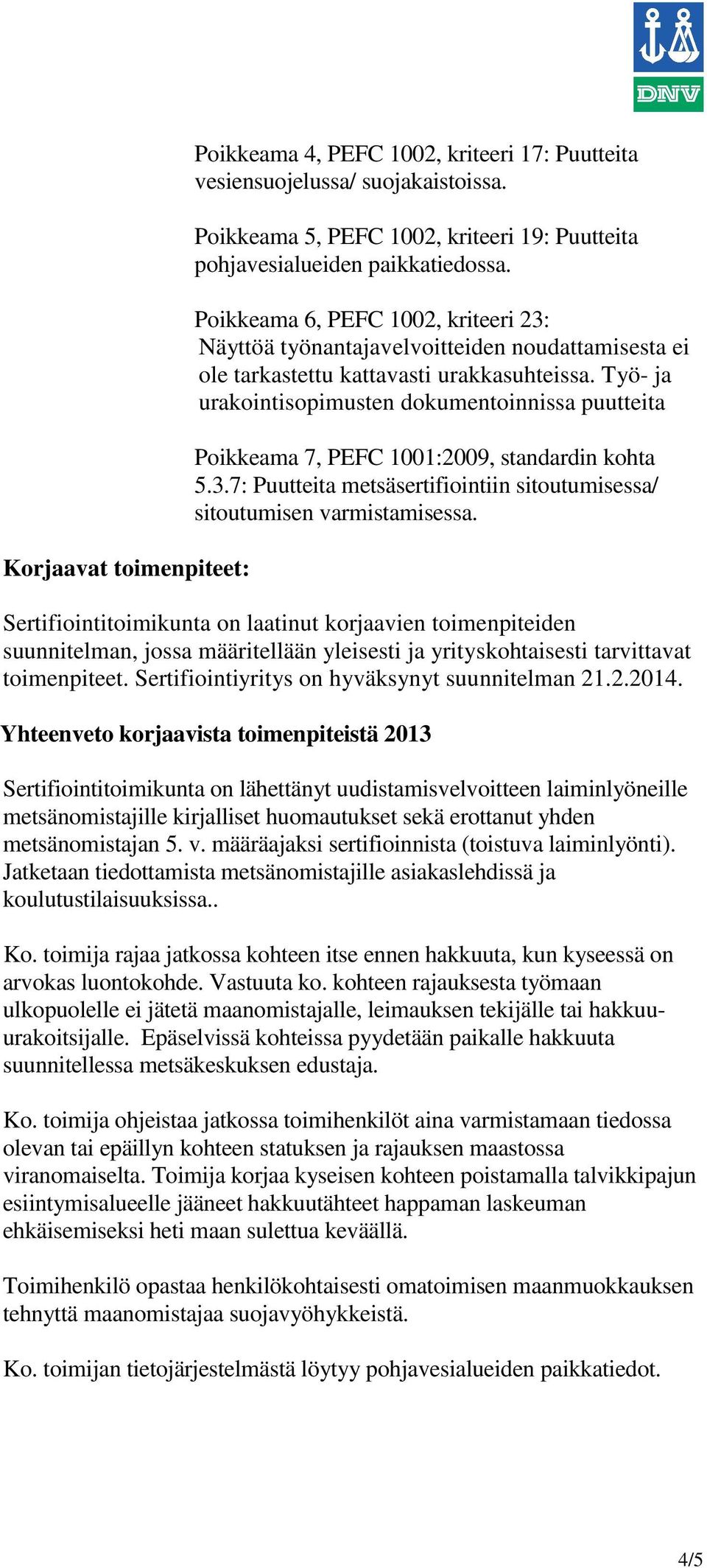 Työ- ja urakointisopimusten dokumentoinnissa puutteita Poikkeama 7, PEFC 1001:2009, standardin kohta 5.3.7: Puutteita metsäsertifiointiin sitoutumisessa/ sitoutumisen varmistamisessa.