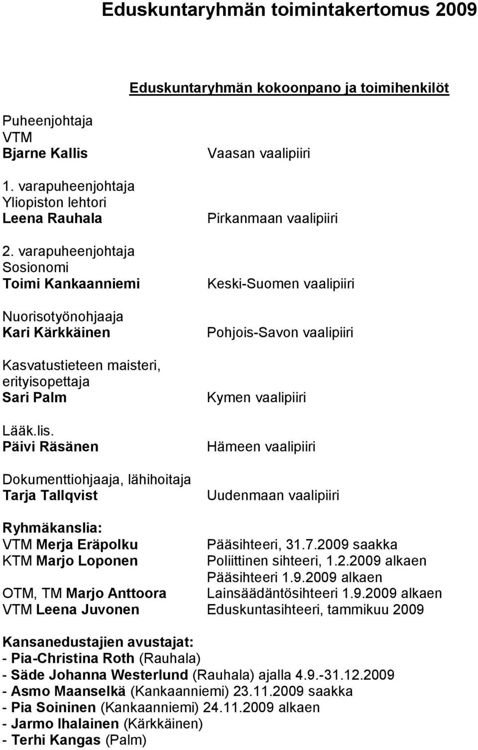 Päivi Räsänen Dokumenttiohjaaja, lähihoitaja Tarja Tallqvist Vaasan vaalipiiri Pirkanmaan vaalipiiri Keski-Suomen vaalipiiri Pohjois-Savon vaalipiiri Kymen vaalipiiri Hämeen vaalipiiri Uudenmaan